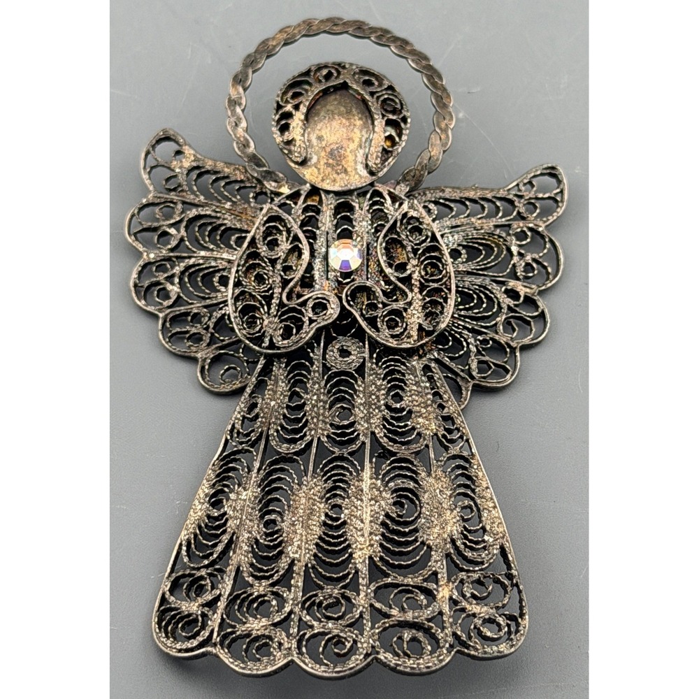 Vintage Angel  Pendant Ornament Filigree Silver Tone Christmas 3.25"